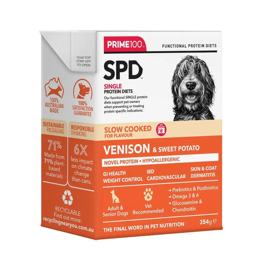 Dog food package with 'SPD' branding on a white background